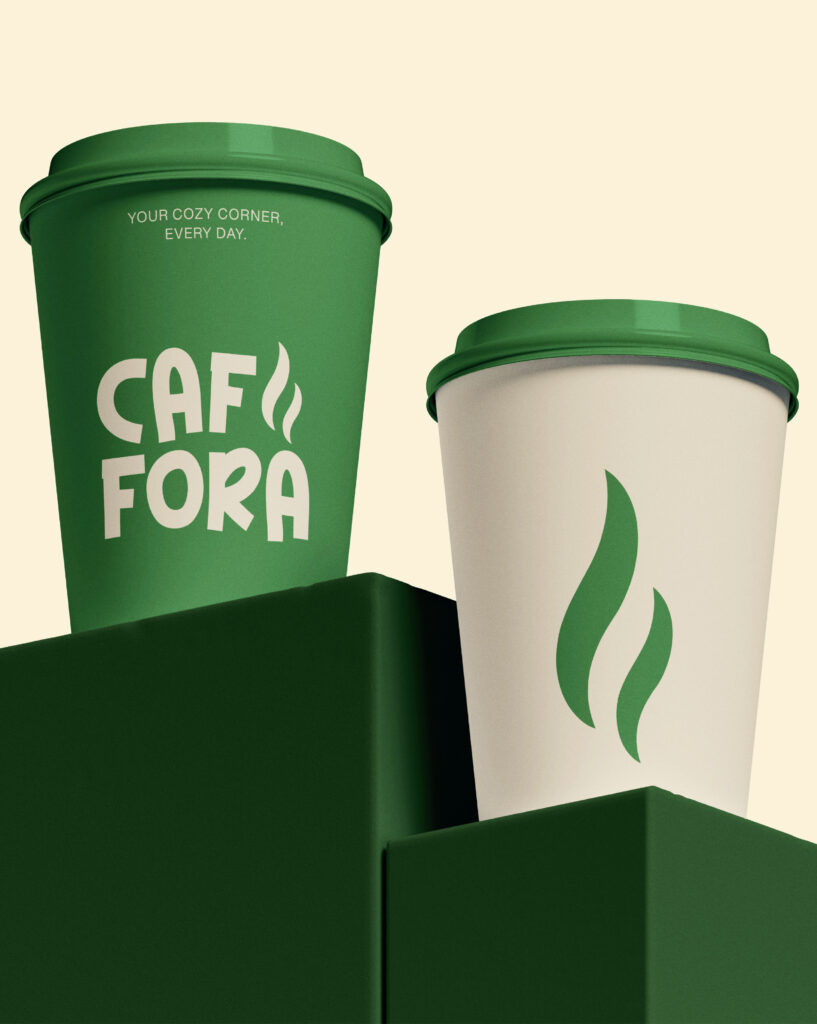 CAFFORA coffee brand logo featuring bold green typography with steam-inspired elements symbolizing warmth, freshness, and handcrafted coffee.